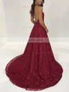 A-line Halter Lace Sweep Train Split Front Prom Dresses #Favs020106713