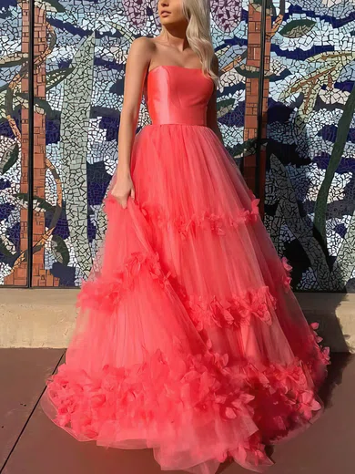 A-line Strapless Tulle Sweep Train Flower(s) Prom Dresses #Favs020106716