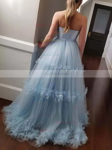 A-line Strapless Tulle Sweep Train Flower(s) Prom Dresses #Favs020106716