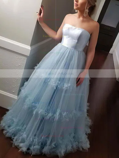 A-line Strapless Tulle Sweep Train Flower(s) Prom Dresses #Favs020106716