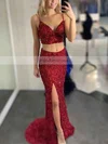 Sheath/Column V-neck Sequined Sweep Train Split Front Prom Dresses #Favs020106740