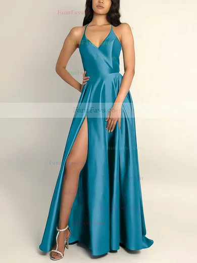 A-line V-neck Silk-like Satin Sweep Train Split Front Prom Dresses #Favs020106743