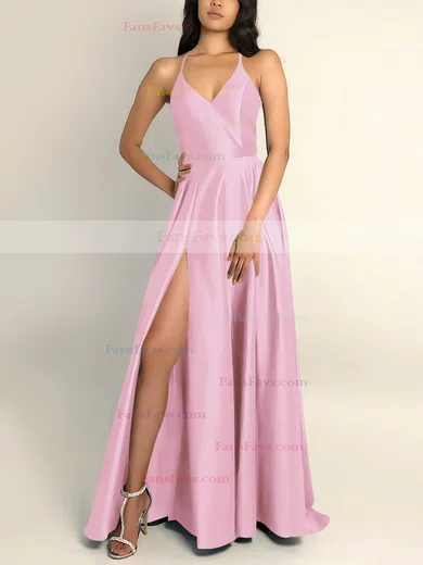 A-line V-neck Silk-like Satin Sweep Train Split Front Prom Dresses #Favs020106743
