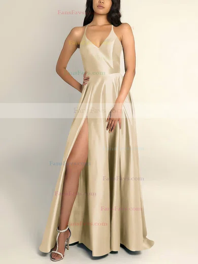 A-line V-neck Silk-like Satin Sweep Train Split Front Prom Dresses #Favs020106743