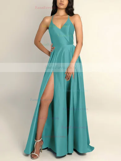 A-line V-neck Silk-like Satin Sweep Train Split Front Prom Dresses #Favs020106743