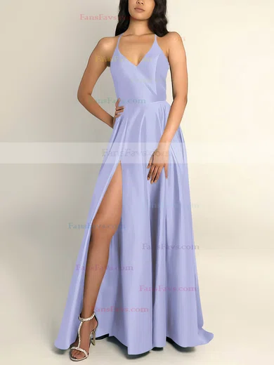A-line V-neck Silk-like Satin Sweep Train Split Front Prom Dresses #Favs020106743