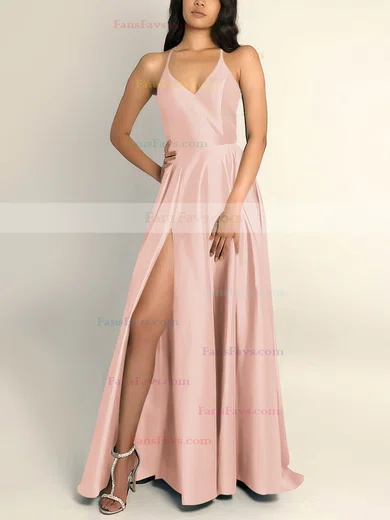 A-line V-neck Silk-like Satin Sweep Train Split Front Prom Dresses #Favs020106743