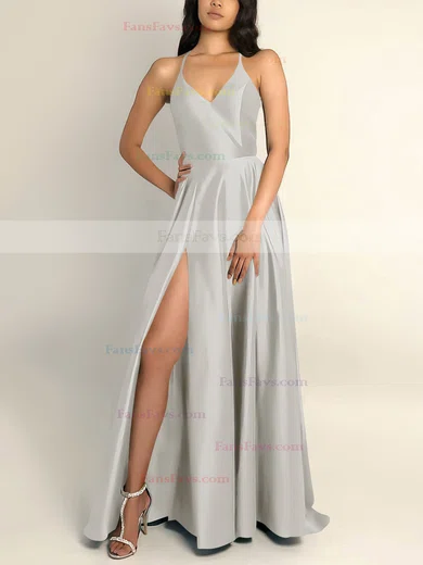 A-line V-neck Silk-like Satin Sweep Train Split Front Prom Dresses #Favs020106743