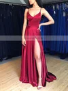 A-line V-neck Silk-like Satin Sweep Train Split Front Prom Dresses #Favs020106743