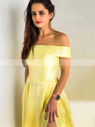 A-line Off-the-shoulder Satin Sweep Train Split Front Prom Dresses #Favs020106803