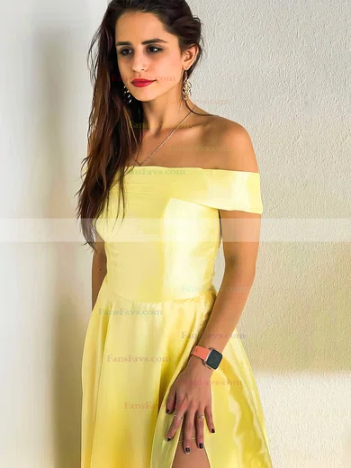 A-line Off-the-shoulder Satin Sweep Train Split Front Prom Dresses #Favs020106803