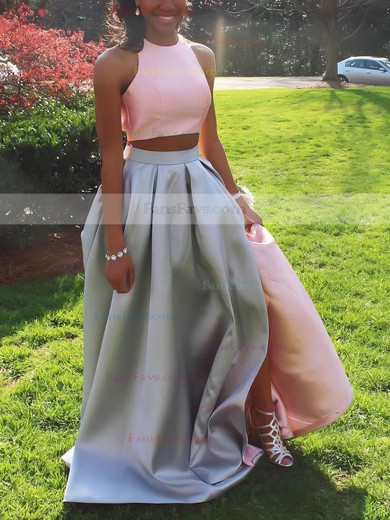 A-line Scoop Neck Satin Sweep Train Pockets Prom Dresses #Favs020106819