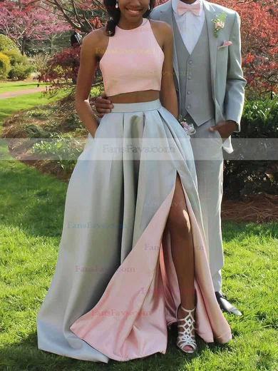 A-line Scoop Neck Satin Sweep Train Pockets Prom Dresses #Favs020106819