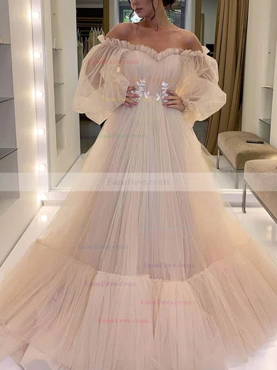 Princess Off-the-shoulder Tulle Sweep Train Appliques Lace Prom Dresses #Favs020106822