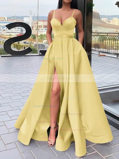 A-line V-neck Satin Sweep Train Sashes / Ribbons Prom Dresses #Favs020106827