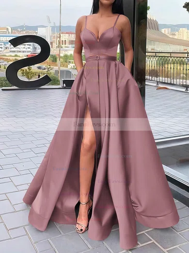 A-line V-neck Satin Sweep Train Sashes / Ribbons Prom Dresses #Favs020106827