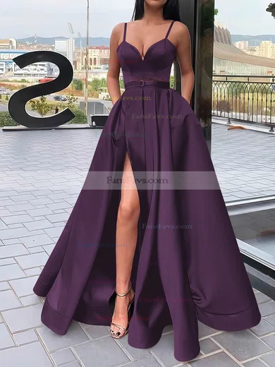 A-line V-neck Satin Sweep Train Sashes / Ribbons Prom Dresses #Favs020106827