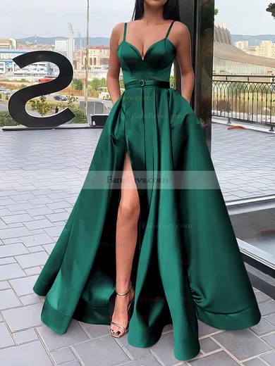 A-line V-neck Satin Sweep Train Sashes / Ribbons Prom Dresses #Favs020106827