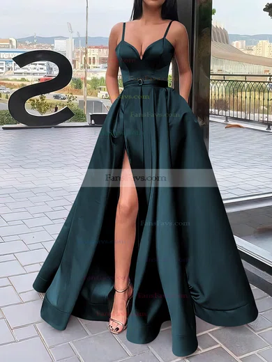 A-line V-neck Satin Sweep Train Sashes / Ribbons Prom Dresses #Favs020106827