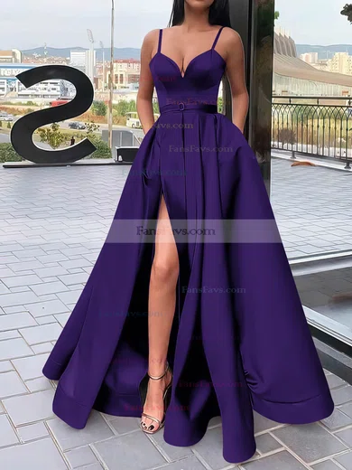 A-line V-neck Satin Sweep Train Sashes / Ribbons Prom Dresses #Favs020106827