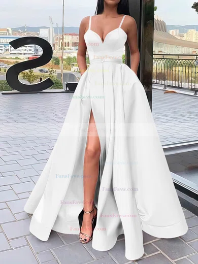 A-line V-neck Satin Sweep Train Sashes / Ribbons Prom Dresses #Favs020106827