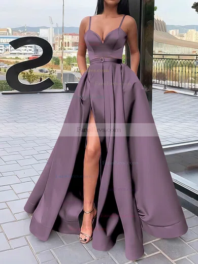 A-line V-neck Satin Sweep Train Sashes / Ribbons Prom Dresses #Favs020106827