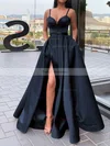 A-line V-neck Satin Sweep Train Sashes / Ribbons Prom Dresses #Favs020106827