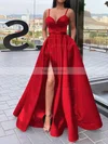 A-line V-neck Satin Sweep Train Sashes / Ribbons Prom Dresses #Favs020106827