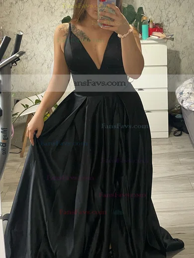 A-line V-neck Satin Sweep Train Pockets Prom Dresses #Favs020106839