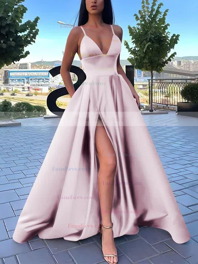 A-line V-neck Satin Sweep Train Pockets Prom Dresses #Favs020106839