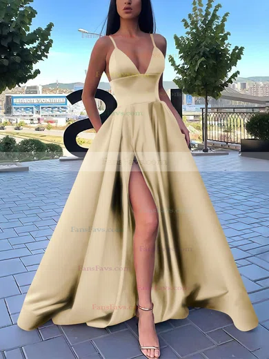 A-line V-neck Satin Sweep Train Pockets Prom Dresses #Favs020106839