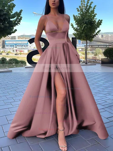 A-line V-neck Satin Sweep Train Pockets Prom Dresses #Favs020106839