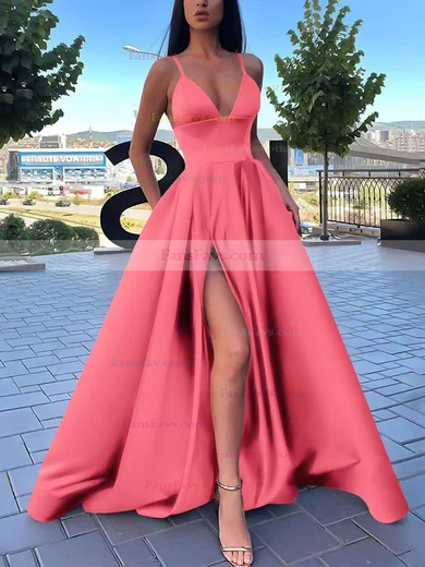 A-line V-neck Satin Sweep Train Pockets Prom Dresses #Favs020106839