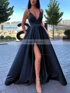 A-line V-neck Satin Sweep Train Pockets Prom Dresses #Favs020106839