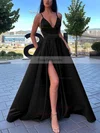 A-line V-neck Satin Sweep Train Pockets Prom Dresses #Favs020106839