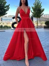 A-line V-neck Satin Sweep Train Pockets Prom Dresses #Favs020106839