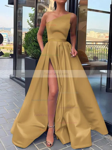 A-line Strapless Satin Sweep Train Sashes / Ribbons Prom Dresses #Favs020106846