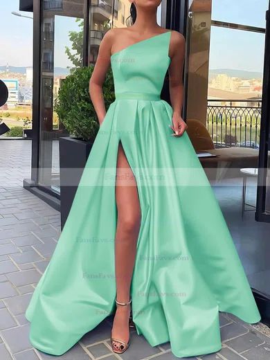 A-line Strapless Satin Sweep Train Sashes / Ribbons Prom Dresses #Favs020106846