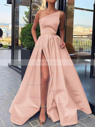 A-line Strapless Satin Sweep Train Sashes / Ribbons Prom Dresses #Favs020106846