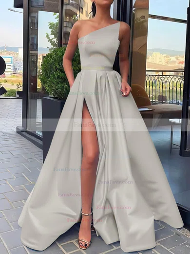 A-line Strapless Satin Sweep Train Sashes / Ribbons Prom Dresses #Favs020106846