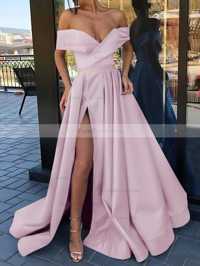 A-line Off-the-shoulder Satin Sweep Train Split Front Prom Dresses #Favs020106847