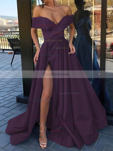 A-line Off-the-shoulder Satin Sweep Train Split Front Prom Dresses #Favs020106847