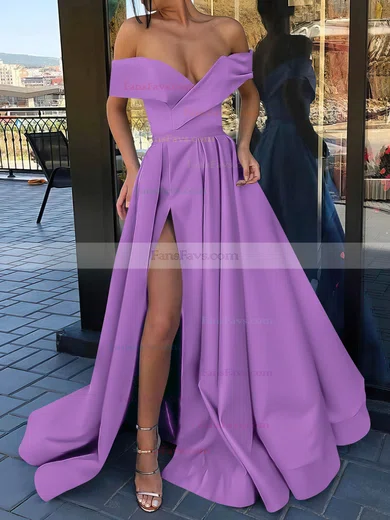 A-line Off-the-shoulder Satin Sweep Train Split Front Prom Dresses #Favs020106847