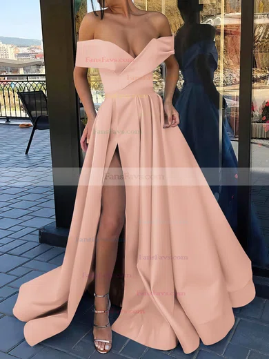 A-line Off-the-shoulder Satin Sweep Train Split Front Prom Dresses #Favs020106847