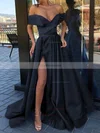 A-line Off-the-shoulder Satin Sweep Train Split Front Prom Dresses #Favs020106847