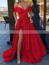 A-line Off-the-shoulder Satin Sweep Train Split Front Prom Dresses #Favs020106847