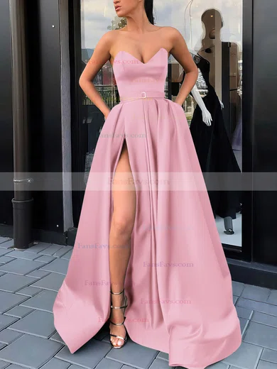 A-line V-neck Satin Sweep Train Sashes / Ribbons Prom Dresses #Favs020106852