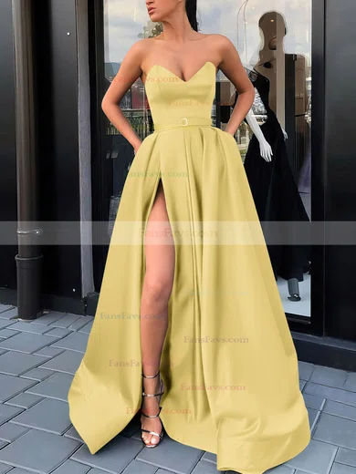 A-line V-neck Satin Sweep Train Sashes / Ribbons Prom Dresses #Favs020106852