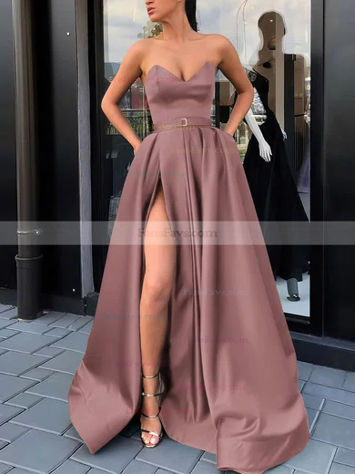 A-line V-neck Satin Sweep Train Sashes / Ribbons Prom Dresses #Favs020106852