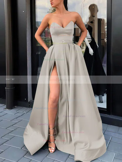 A-line V-neck Satin Sweep Train Sashes / Ribbons Prom Dresses #Favs020106852